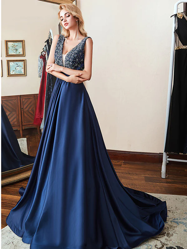 Double V-Neck Navy Blue Beads Crystal A Line Formal Prom Dresses gh1056