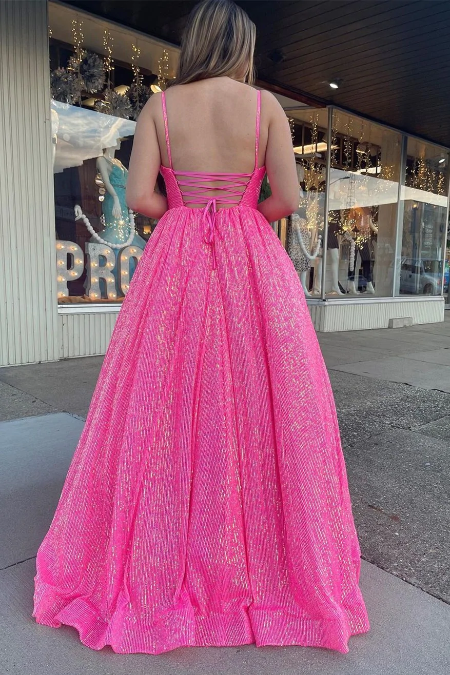 Pink Sequin Empire Long Prom Dress gh1101