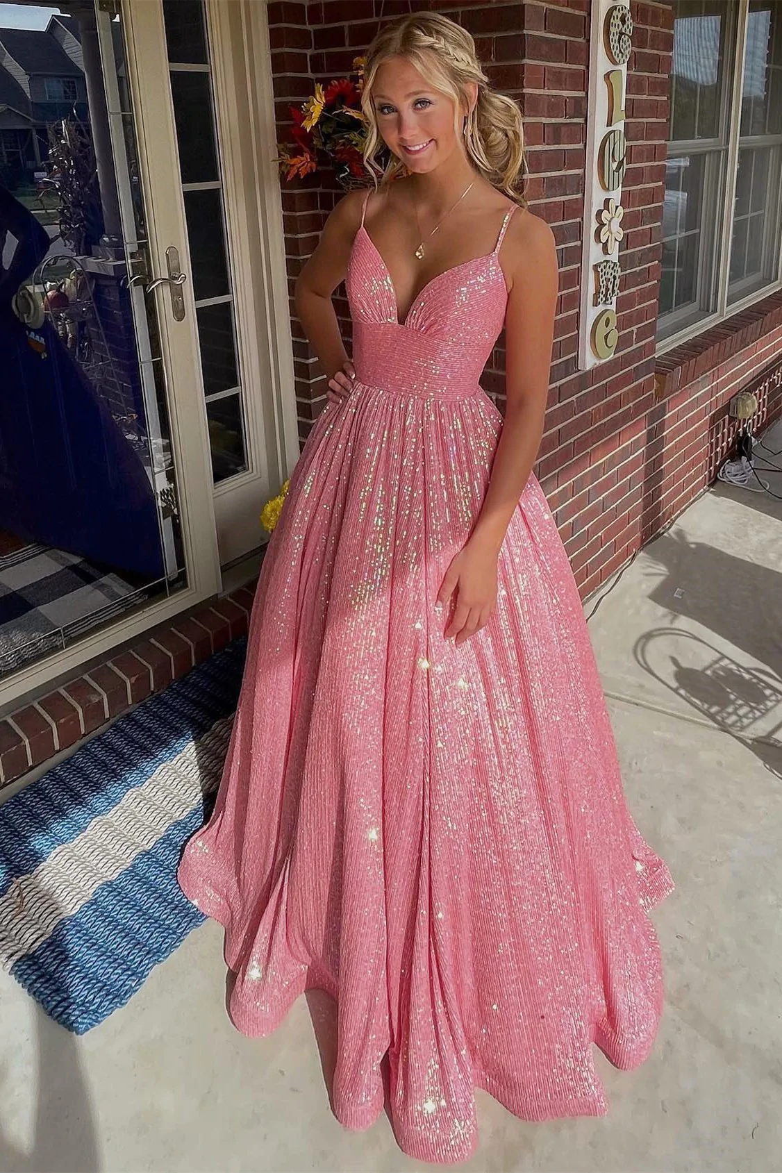 Pink Sequin Empire Long Prom Dress gh1101