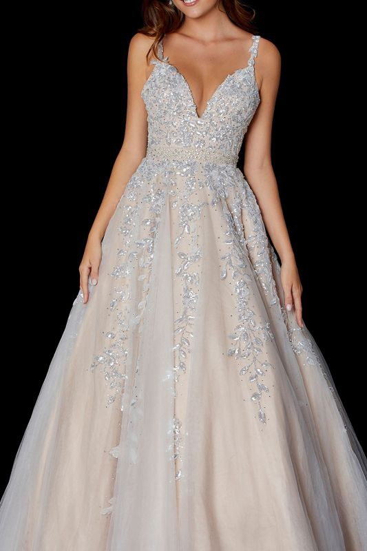 Elegant Glitter Floral Lace Spaghetti Straps Floor-Length Prom Dress gh1119