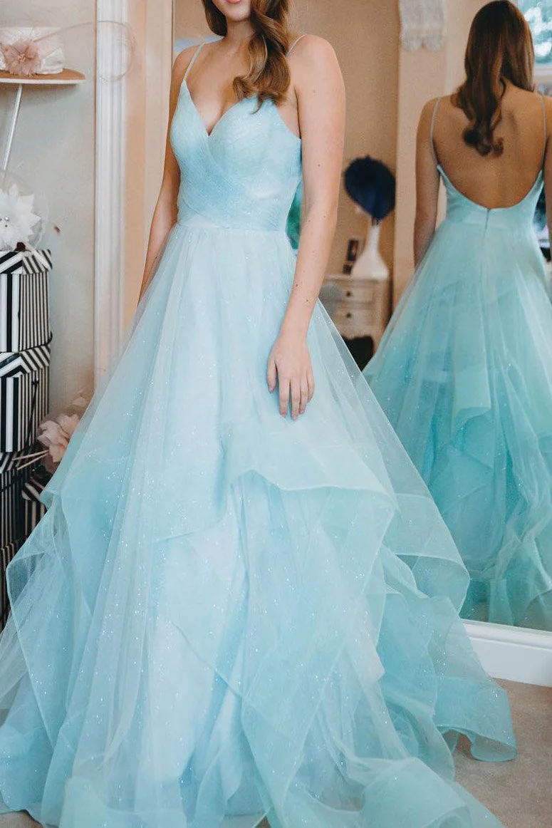 V-neck A-line Sparkly Long Prom Dresses gh1161