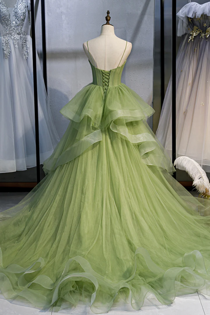 Green tulle long prom dress A line evening dress gh1138