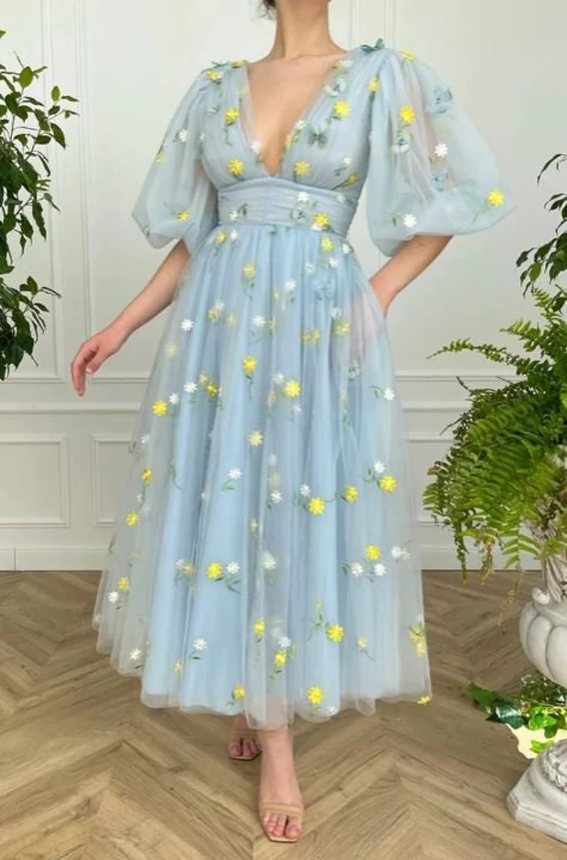 Blue floral tulle dress, Tulle dress prom, V-Neck puff sleeves prom dress, Wedding dress, Bridesmaid dress, Mesh Princess Dress gh1823