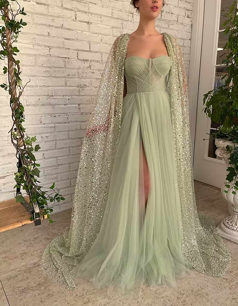 Sage Green Prom dress A line Floor-length Aurora Cape Tulle Prom Dress gh1828