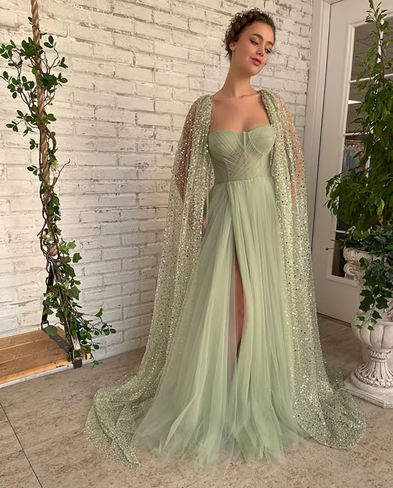 Sage Green Prom dress A line Floor-length Aurora Cape Tulle Prom Dress gh1828