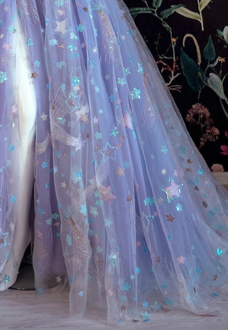 Light Purple Tulle Dress Floral Dress Off Shoulder Sweetheart Dress A-line Evening Dresses With Slit Start Applique Long Dress gh1830