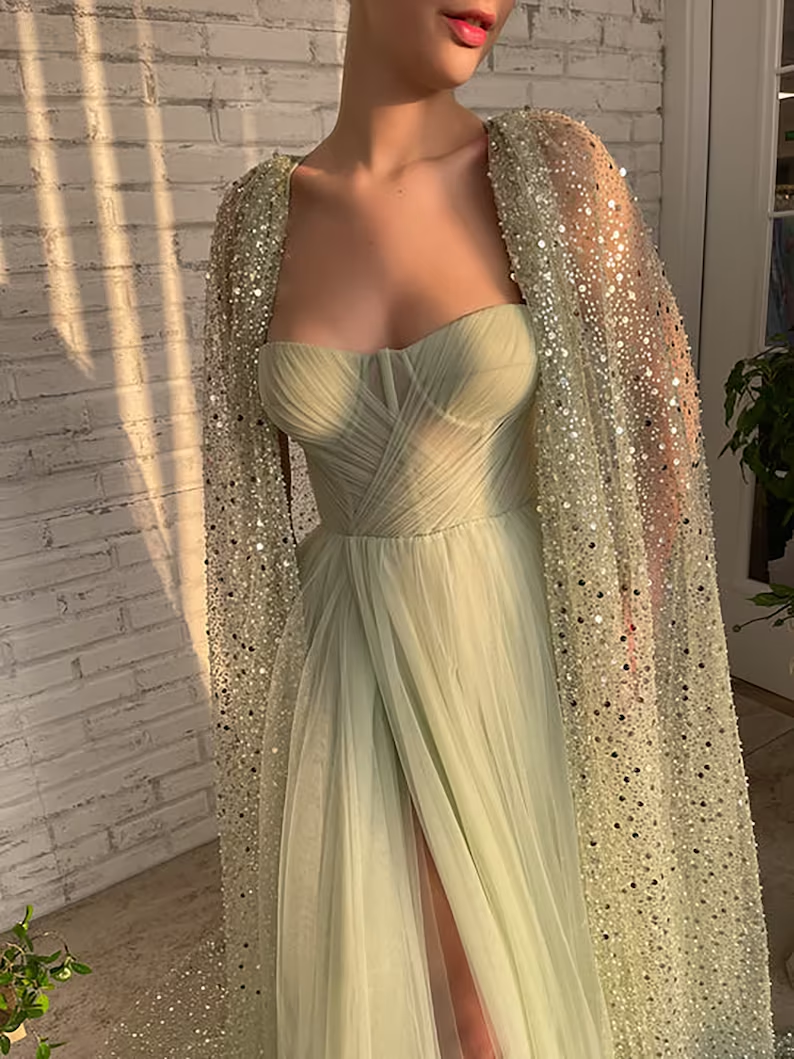 Sage Green Prom dress A line Floor-length Aurora Cape Tulle Prom Dress gh1828