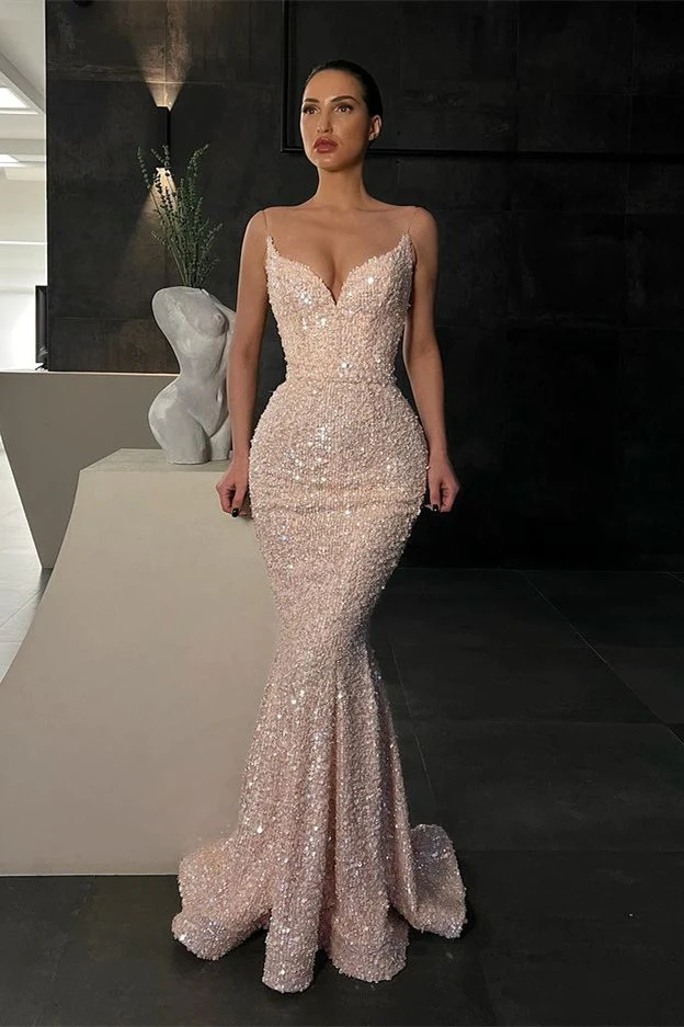 Gorgeous Spaghetti-straps Sequins Prom Dress Mermaid Sleeveless gh2395