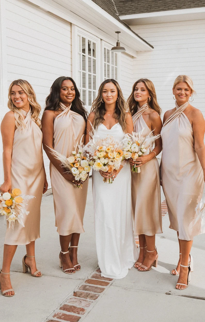 Rose gold silk dress Bella Halter neck midi bridesmaid dress Open back bias cut midi twist halter neckline dress gh2078