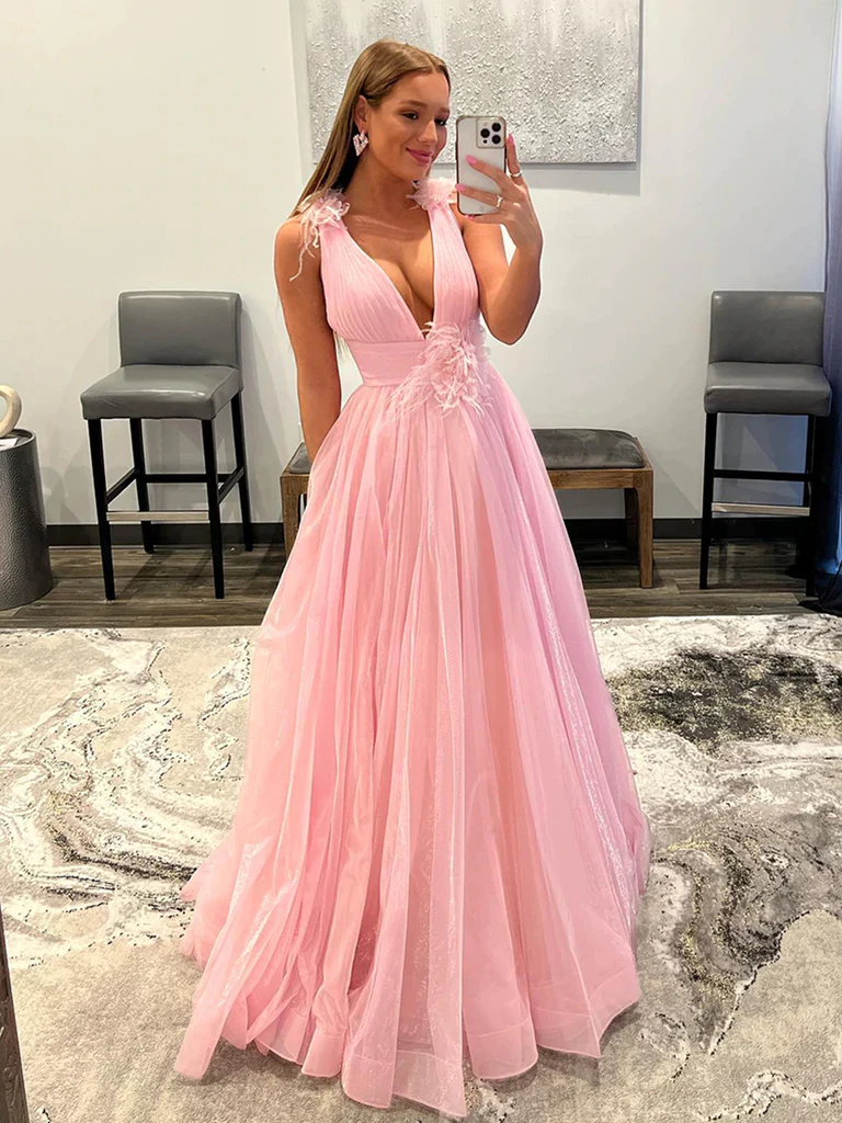 V Neck and V Back Pink Tulle Long Prom Dresses, V Neck Pink Formal Graduation Evening Dresses gh2518