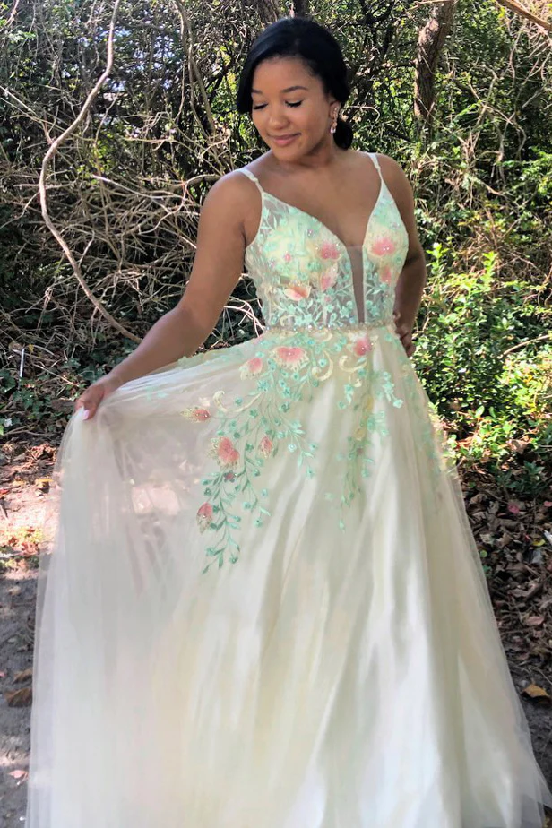 Gorgeous Straps A-Line Floral Embroidered Long Prom Dress gh2456