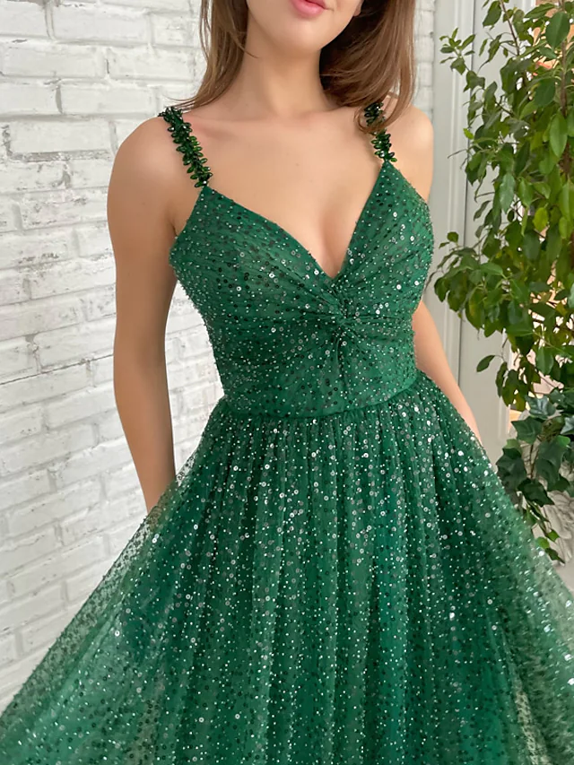 A-Line Prom Dresses Sparkle & Shine Dress Prom Floor Length Sleeveless V Neck Sequined with Sequin gh2207