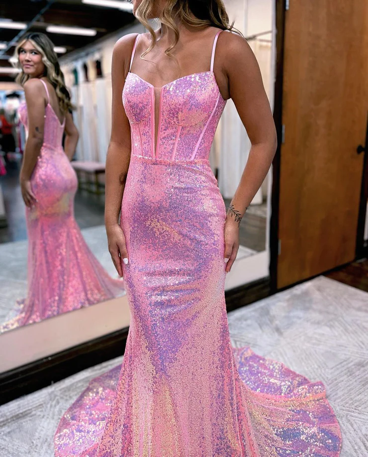 Sparkly Mermaid Sweetheart Pink Sequins Long Prom Dresses gh2521