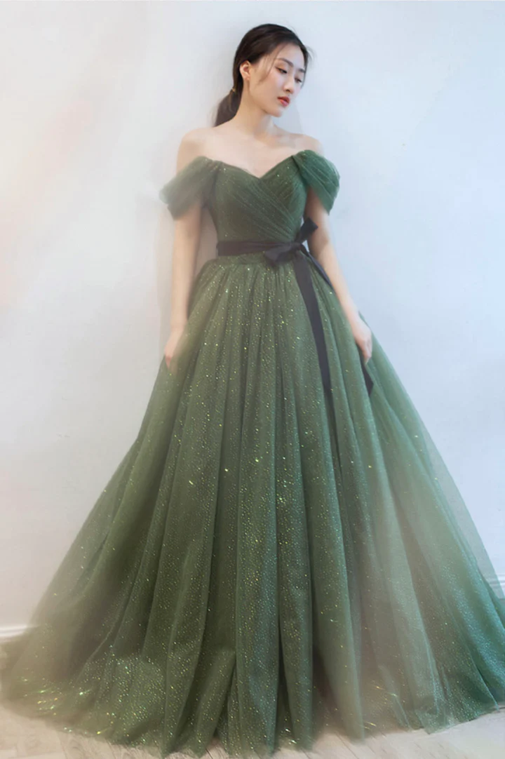 Green tulle long prom dress A line evening dress gh2275