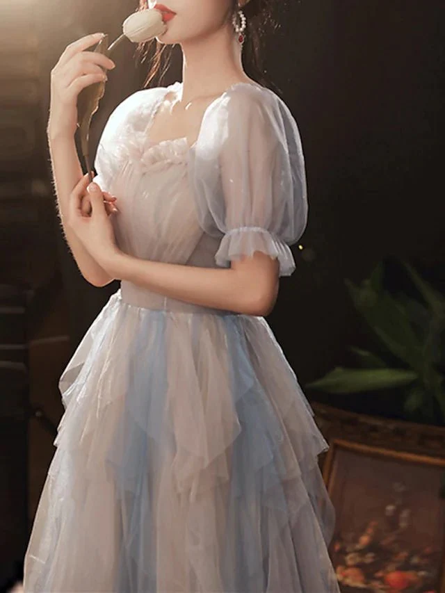 A-Line Prom Dresses Color Block Dress Wedding Party Floor Length Half Sleeve Scoop Neck Tulle with Pleats Ruffles gh2228