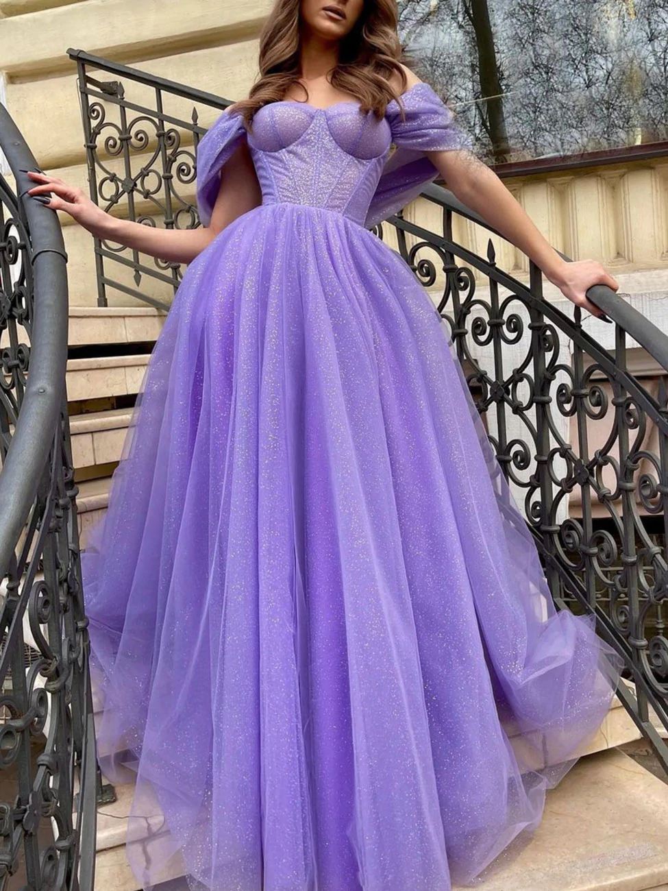Purple off shoulder tulle long prom dress, A line tulle formal dress gh2251