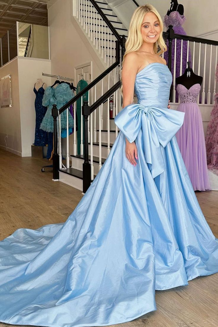 A-Line Strapless Satin Long Prom Dress with Bow gh2776