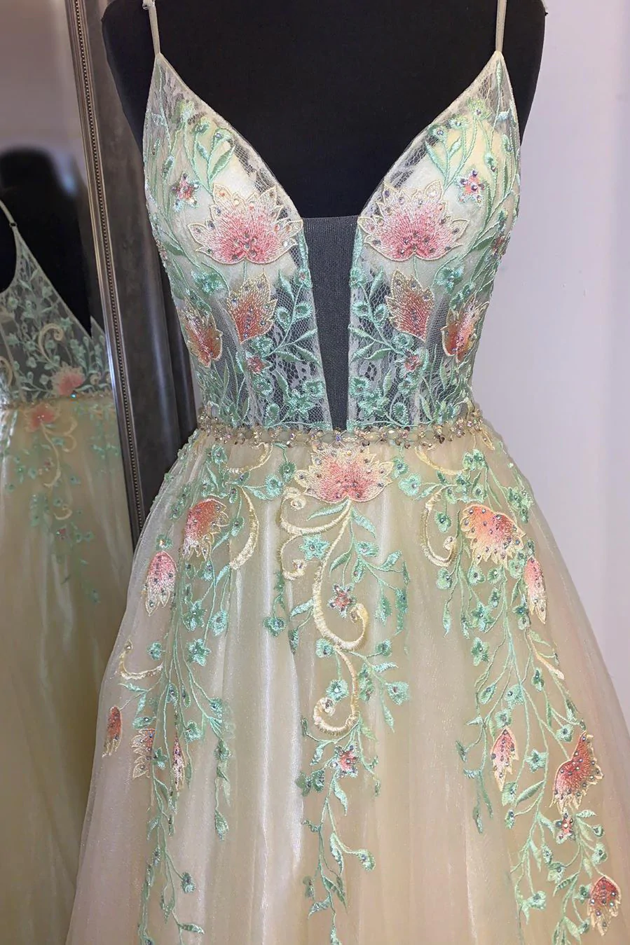 Gorgeous Straps A-Line Floral Embroidered Long Prom Dress gh2456