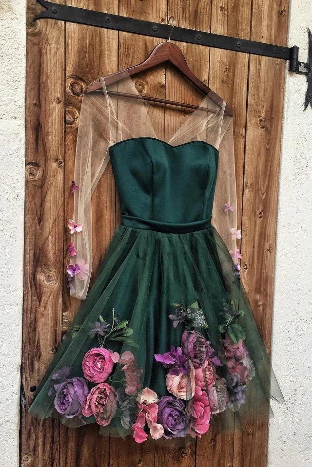 Pink V-Neck 3D Applique Short Prom Dress Long Sleeves Homecoming Dress gh2273