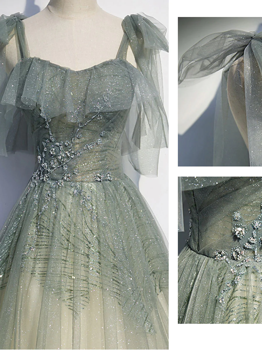Gray Green Tulle Sequin Beads Long Prom Dress, Green Evening Dress gh2132