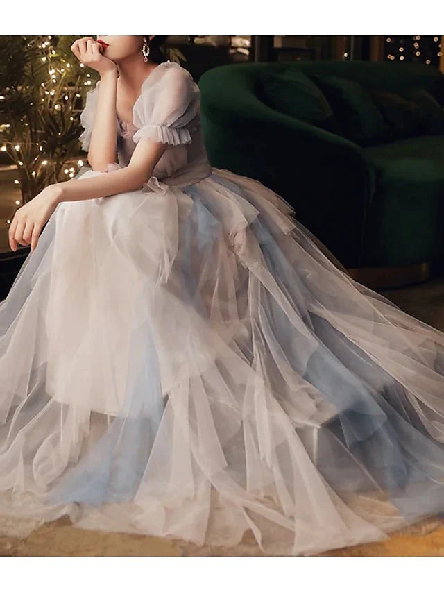 A-Line Prom Dresses Color Block Dress Wedding Party Floor Length Half Sleeve Scoop Neck Tulle with Pleats Ruffles gh2228