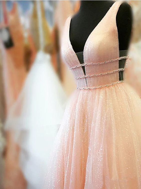 A Line Deep V Neck Ball Gown Prom Dresses Open Back White Evening Dresses gh2139