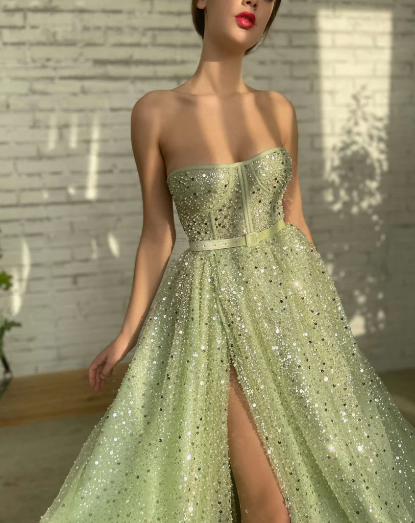 Green tulle sequins prom dress Formal Couture Dress gh2205