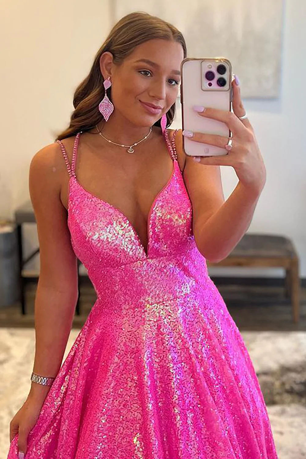 Glitter Fuchsia Sequins Long Prom Dress gh2517
