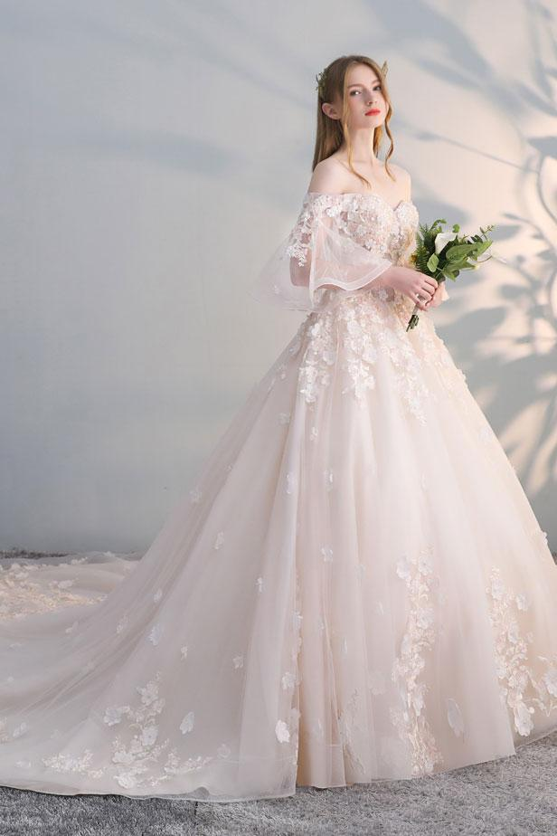 Charming Flowers Lace Off Shoulder Ball Gown Wedding Party Dress, Tulle Long Prom Dress gh2128