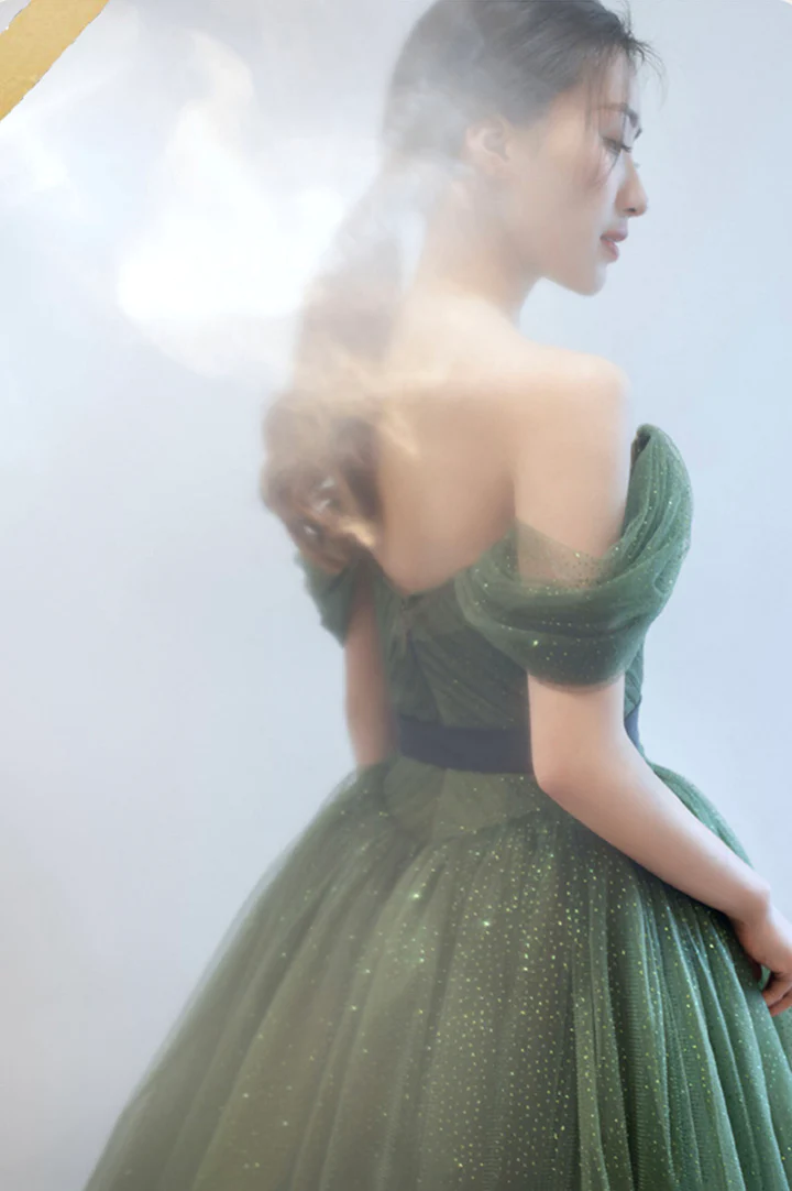 Green tulle long prom dress A line evening dress gh2275
