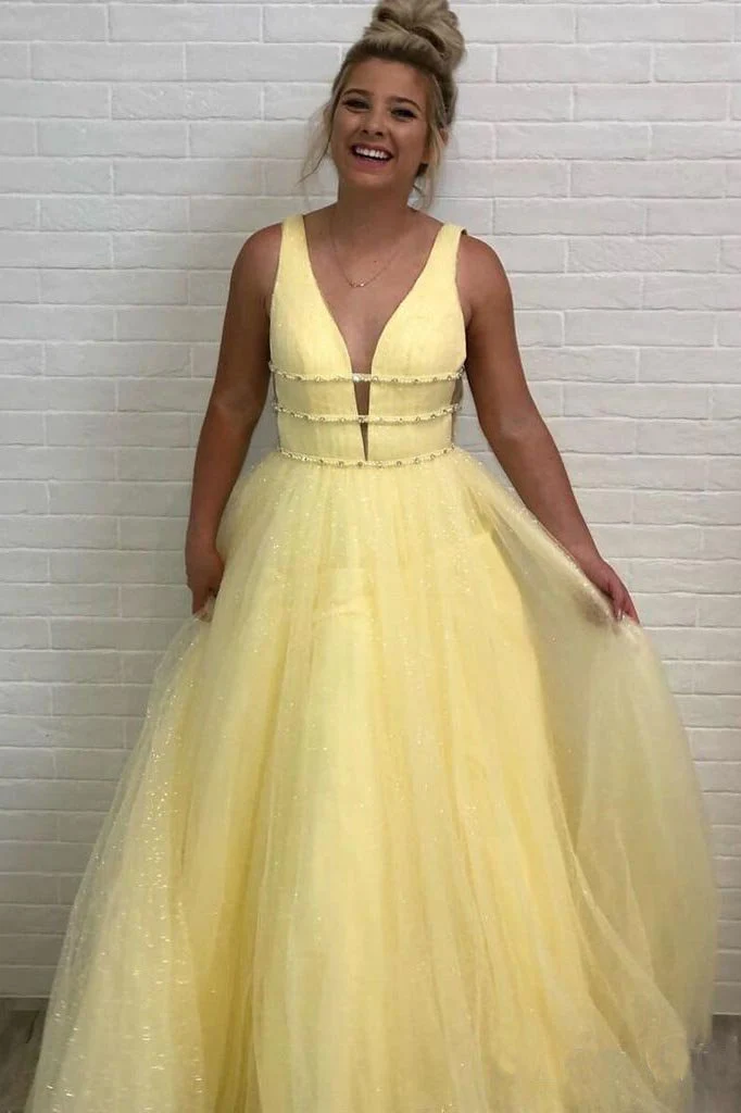 A Line Deep V Neck Ball Gown Prom Dresses Open Back White Evening Dresses gh2139