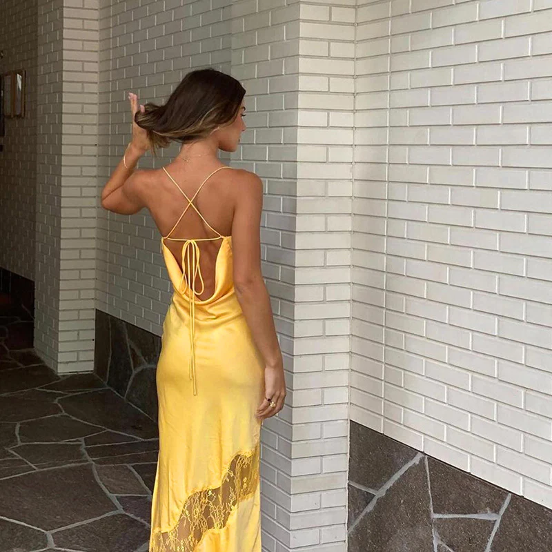 Vestido midi sexy de fiesta con tirantes finos y espalda descubierta para mujer, vestidos formales maxi con cordón ajustable