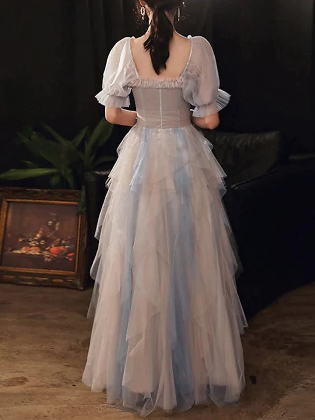 A-Line Prom Dresses Color Block Dress Wedding Party Floor Length Half Sleeve Scoop Neck Tulle with Pleats Ruffles gh2228