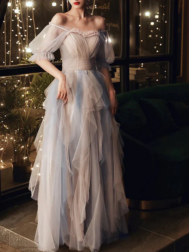 A-Line Prom Dresses Color Block Dress Wedding Party Floor Length Half Sleeve Scoop Neck Tulle with Pleats Ruffles gh2228