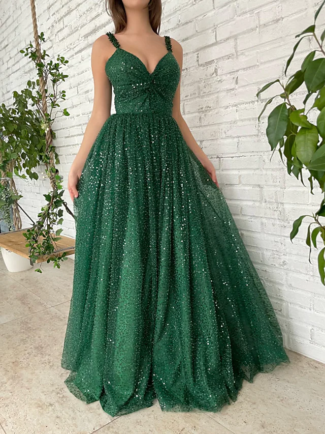 A-Line Prom Dresses Sparkle & Shine Dress Prom Floor Length Sleeveless V Neck Sequined with Sequin gh2207