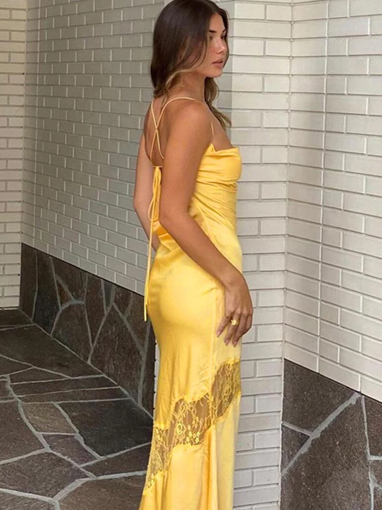 Vestido midi sexy de fiesta con tirantes finos y espalda descubierta para mujer, vestidos formales maxi con cordón ajustable