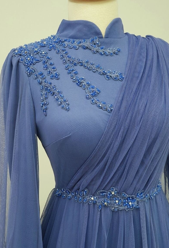Long Tulle Appliques Full Sleeve Prom Dress High Neck A Line Evening Formal Party Gowns fg1472