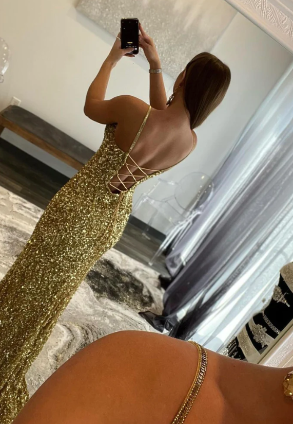 Mermaid sequins long prom dress gold evening dressn fg1390