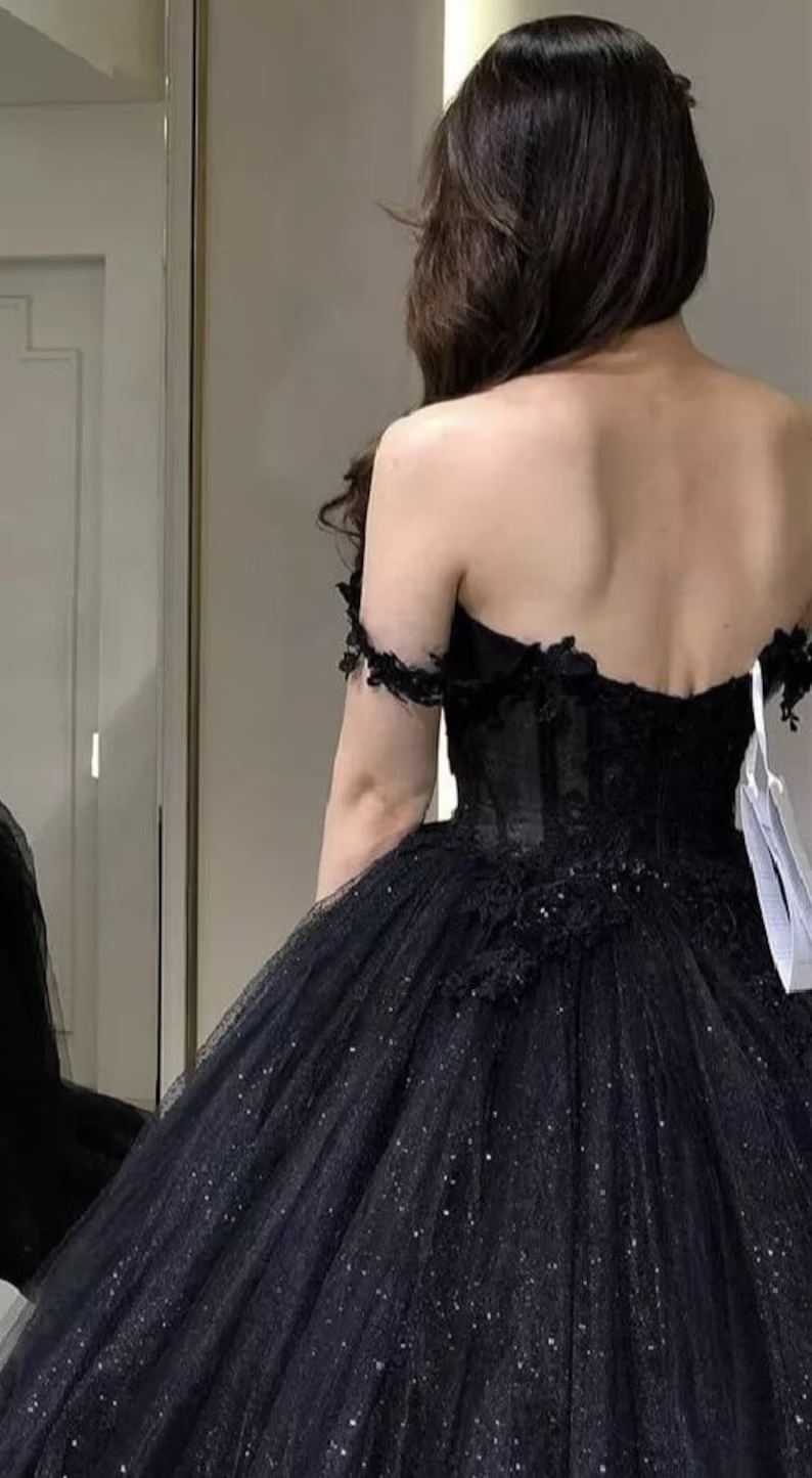 Lace Applique Tulle Dress, Black Glitter Wedding Dress, 3D Flowers Long Evening Gown fg2942