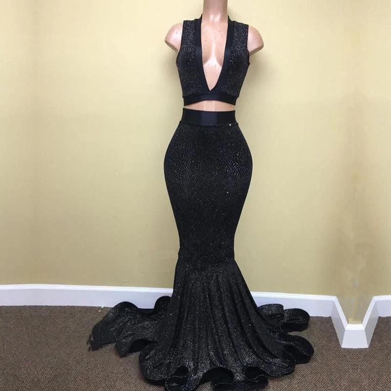 Sexy Mermaid Black V Neck Two Pieces Sequence Long Prom Dresses fg1885