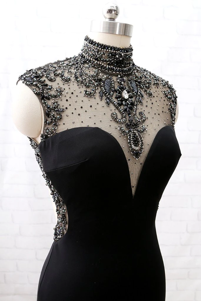 Mermaid High Neck Beaded Black Formal Evening prom Gown with Slit fg1850