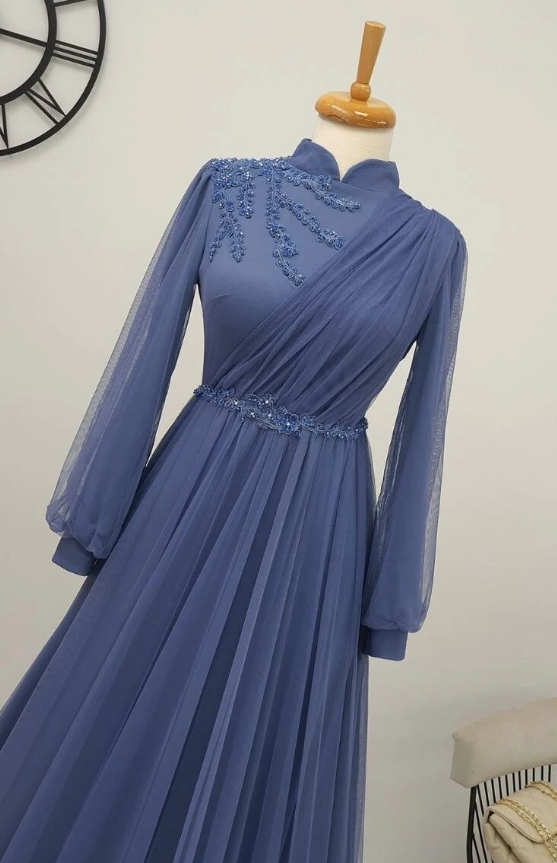 Long Tulle Appliques Full Sleeve Prom Dress High Neck A Line Evening Formal Party Gowns fg1472