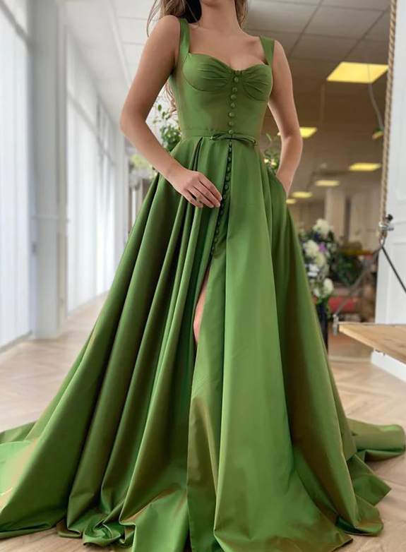 A-Line/Princess Sweep/Brush Train Straps Sleeveless Satin Ruffles Dresses fg1415