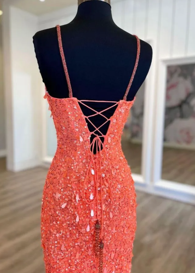 glitter coral sequined prom dress long fromal dress with slit fg1384