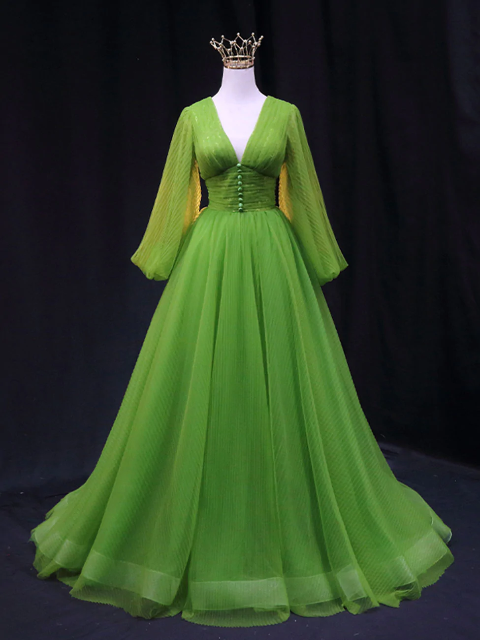 Green A Line Long Prom Dresses, V Neck Green Tulle Long Formal Evening Dresses fg2229