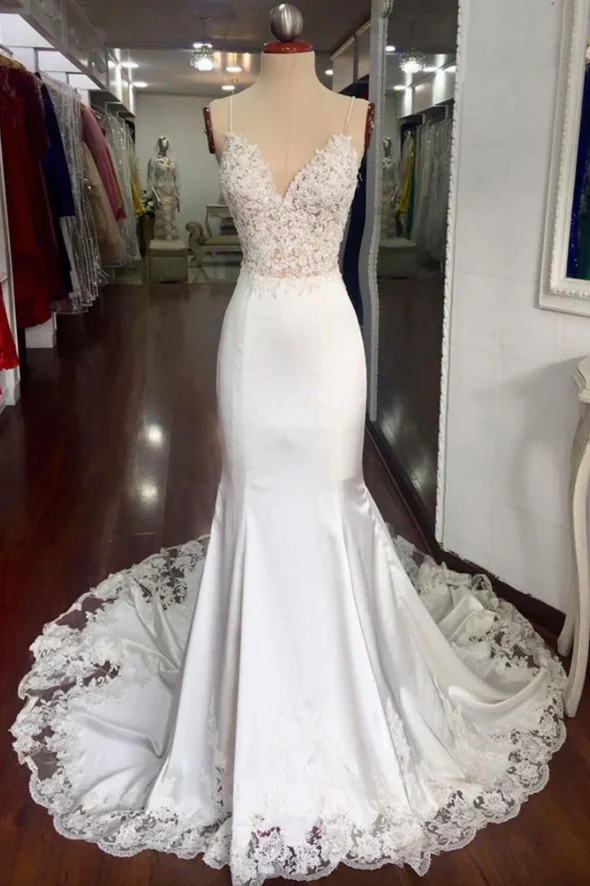 White lace long prom dress mermaid evening dress fg2224