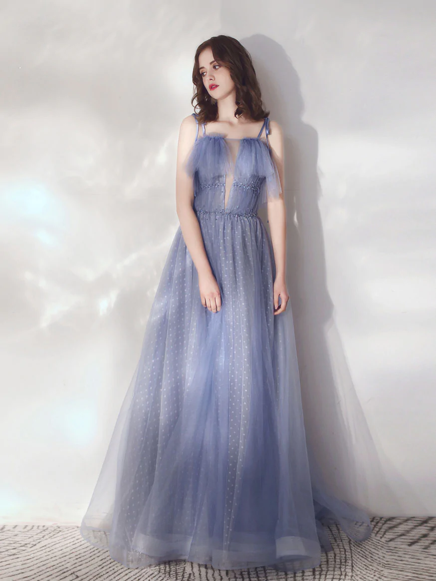Blue A-Line Tulle Long Prom Dresses, Blue Formal Graduation Dresses fg2230