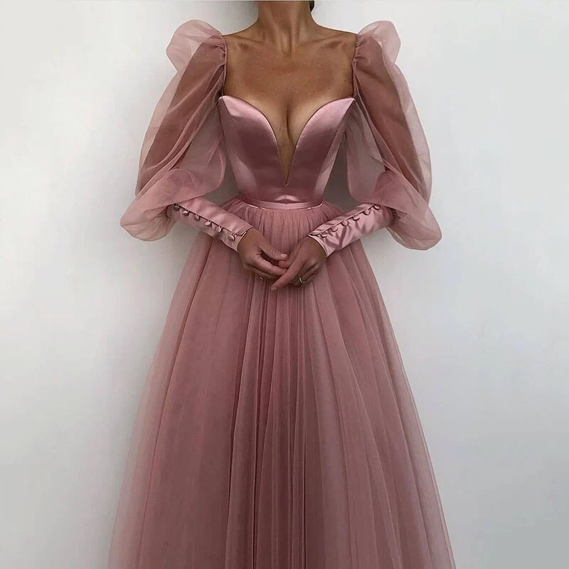 A line Evening Dress Simple Evening Gown Long Sleeves Prom Dress fg2862