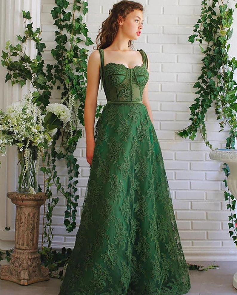 Dark Green Lace Prom Gown,A line Long Green Lace Fairy Prom Dress,Sweetheart Tied Straps Ball Gown Prom Dress, Lace Homecoming/Party Dress fg2247