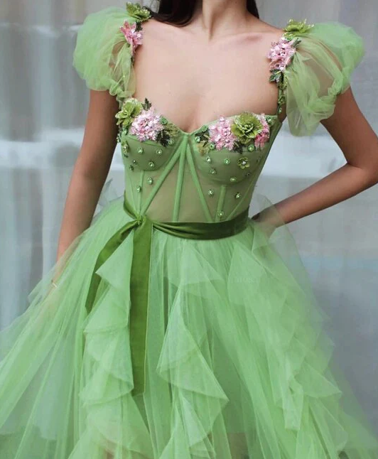 Green Long Tulle Flowers Crystals Prom Dresses Sweetheart High Split Formal Evening Dress fg1666